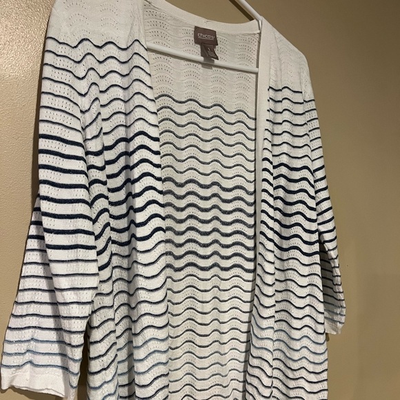 Chico's Women’s Sz 1 White Blue Silver Print 3/4 Sleeve Open Front Cardigan Top - Picture 2 of 7